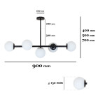 Люстра LED Levistella 7529906-5 BK+WH, 5 плафонов, чорний метал, біле скло, сучасний стиль для вітальні