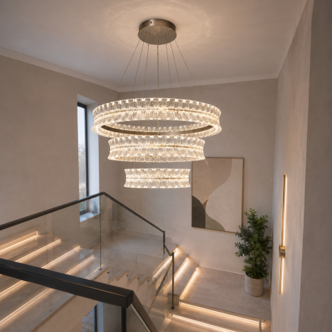 Підвісна LED-люстра Diasha MD3529/800+600+400CG для вітальні, зали та сходів, 122 W, пульт, 78 см, 15-25m2