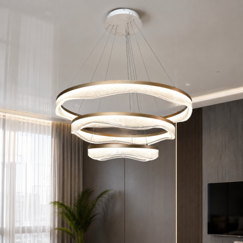 Підвісна LED-люстра Diasha MD86672/800+600+400CG для вітальні, зали та сходів, пульт, 122 W, 78 см, 14-20m2