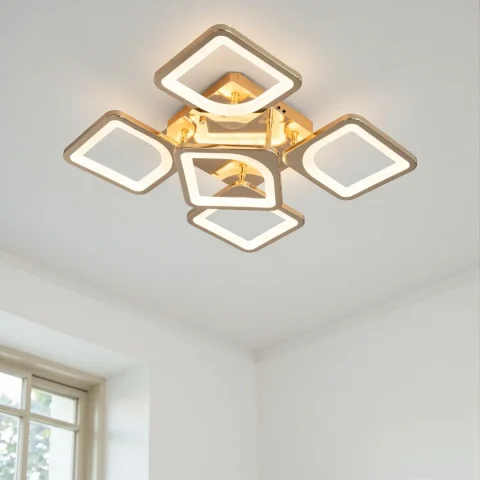 Потолочная LED-люстра Diasha S8060/4+1G с пультом, золотая, 72W, 3960 lm, акриловые плафоны 42×42 см