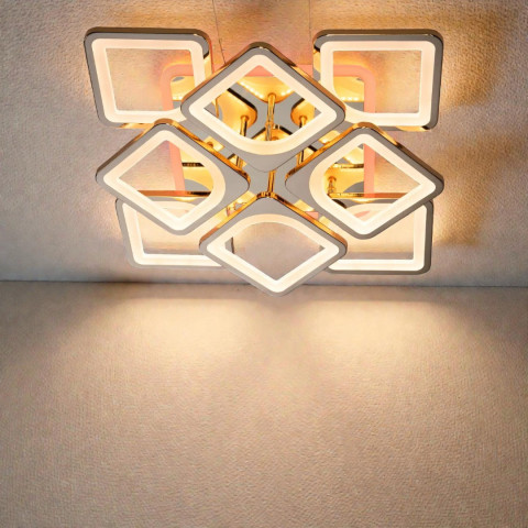 Стельова LED-люстра Diasha S8060/4+4G 3color з пультом і димером, золото, 130W, 7150 lm, квадратні акрилові плафони 49×49 см