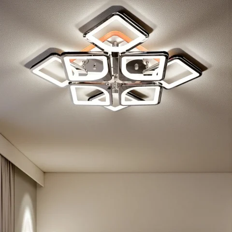 Потолочная LED-люстра Diasha S8060/4+4HR 3color с пультом и диммером, хром, 130W, 7150 lm, квадратные акриловые плафоны 49×49 см