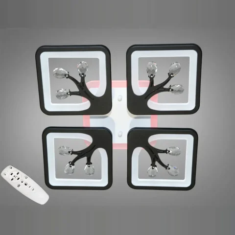 Потолочная LED-люстра Diasha S8157/4BK 3color с пультом и диммером, чёрная, 85 W, 4675 lm, квадратные акриловые плафоны 37×37 см