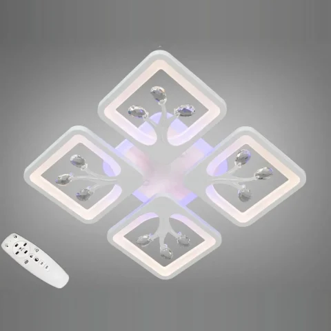 Потолочная LED-люстра Diasha S8157/4WH 3color с пультом и диммером, белая, 85W, 4675 lm, квадратные акриловые плафоны 37×37 см