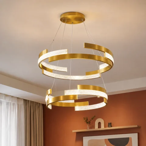 Двоярусна золота LED люстра з кільцями та прозорими вставками Artlight 3684/85+65GD Двоярусна золота LED люстра з кільцями та прозорими вставками Artlight 3684/85+65GD