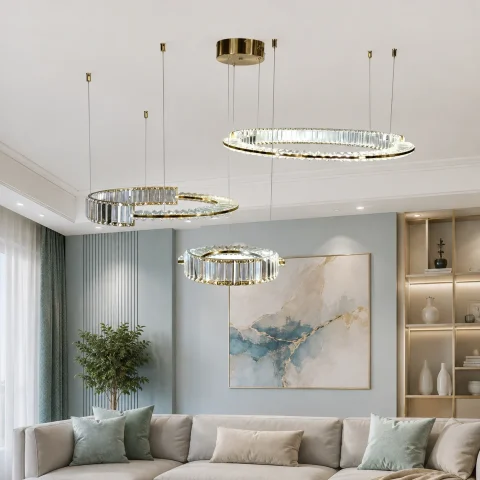 Підвісна LED-люстра Artlight 561/80+60+40 з трьома кришталевими кільцями, латунь, 195 Вт, від 20-30 м²