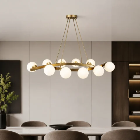 Лінійна підвісна люстра Artlight LQ7090/10 з 10 білими скляними плафонами G9, латунь