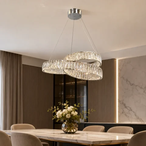 Підвісна кришталева LED-люстра Artlight 555-600CH з переплетеними кільцями, хром, 113 Вт, від 13-20 м²