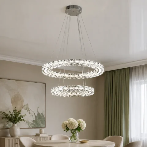 Двоярусна хромована світлодіодна люстра Splendid Ray L33152/400+600/2 LED (CR) з кришталевими кільцями 40 та 60 см