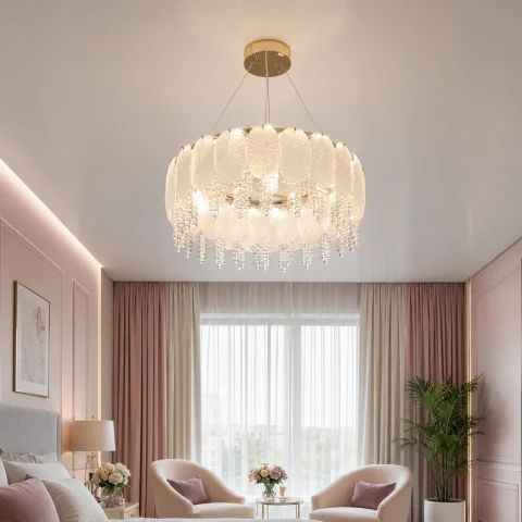 Кругла золота світлодіодна люстра Artlight 7097/550GD з матовим скляним листям і прозорим нижнім декором 95W Кругла золота світлодіодна люстра Artlight 7097/550GD з матовим скляним листям і прозорим нижнім декором 95W