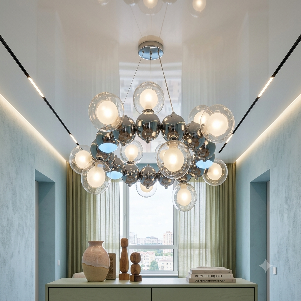 Велика дизайнерська люстра Artlight 1117/15 з 15 скляними плафонами-кулями та LED-підсвічуванням Велика дизайнерська люстра Artlight 1117/15 з 15 скляними плафонами-кулями та LED-підсвічуванням