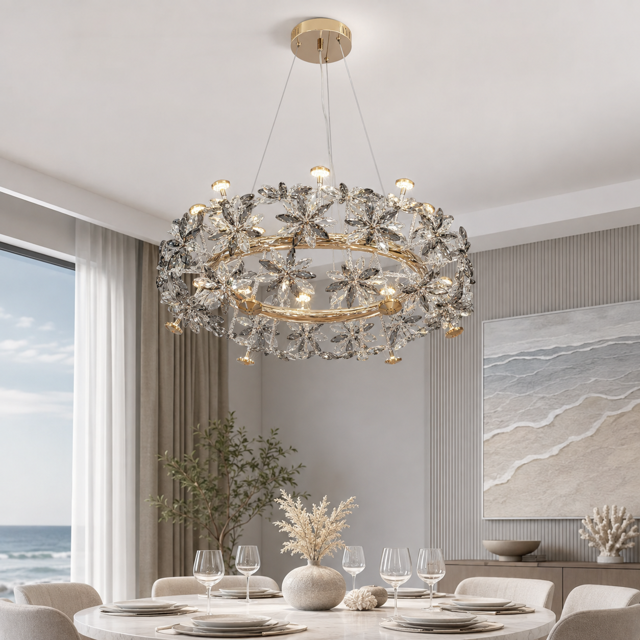 Кругла підвісна люстра Artlight 25028-650GD золота на 12 ламп G4 з прозорими та графітовими скляними квітами