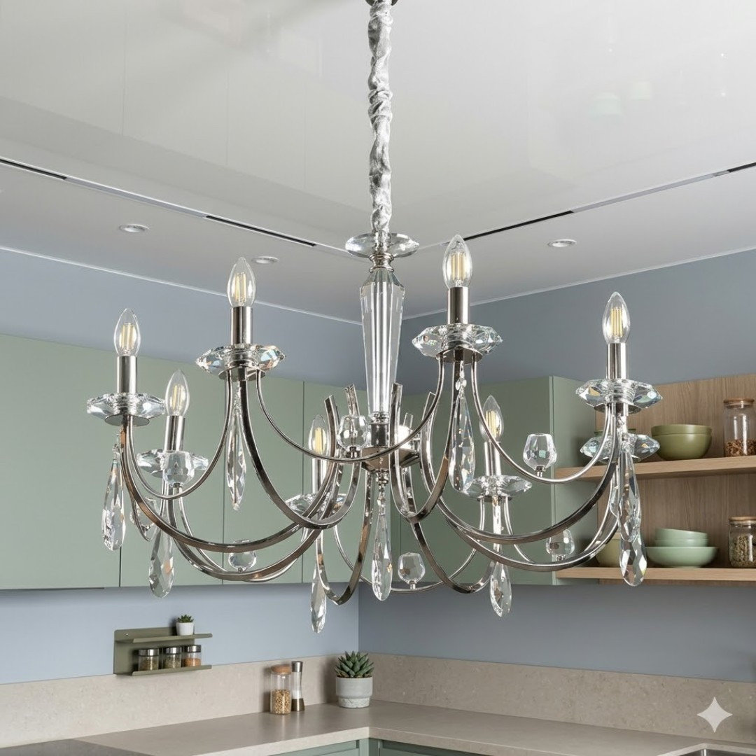 Класична люстра-свічка Splendid Ray L9014/8 (silver) для вітальні, спальні та зали, 8 ламп, патрон Е14, хром/білий, 77 см Класична люстра-свічка Splendid Ray L9014/8 (silver) для вітальні, спальні та зали, 8 ламп, патрон Е14, хром/білий, 77 см