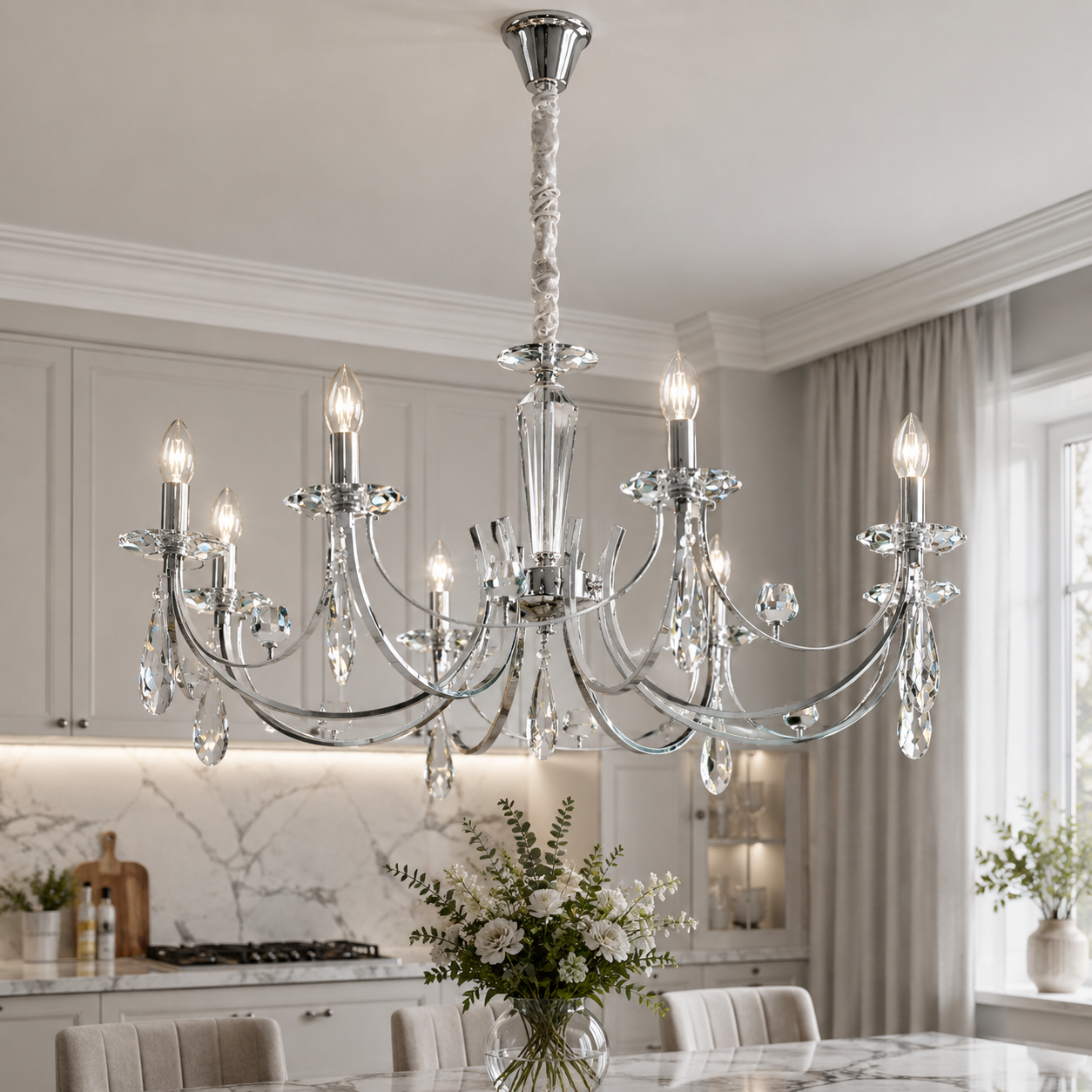 Підвісна люстра зі свічками Splendid Ray L9014/10 (silver), 10 ламп Е14, хром/білий, діаметр 95 см Підвісна люстра зі свічками Splendid Ray L9014/10 (silver), 10 ламп Е14, хром/білий, діаметр 95 см