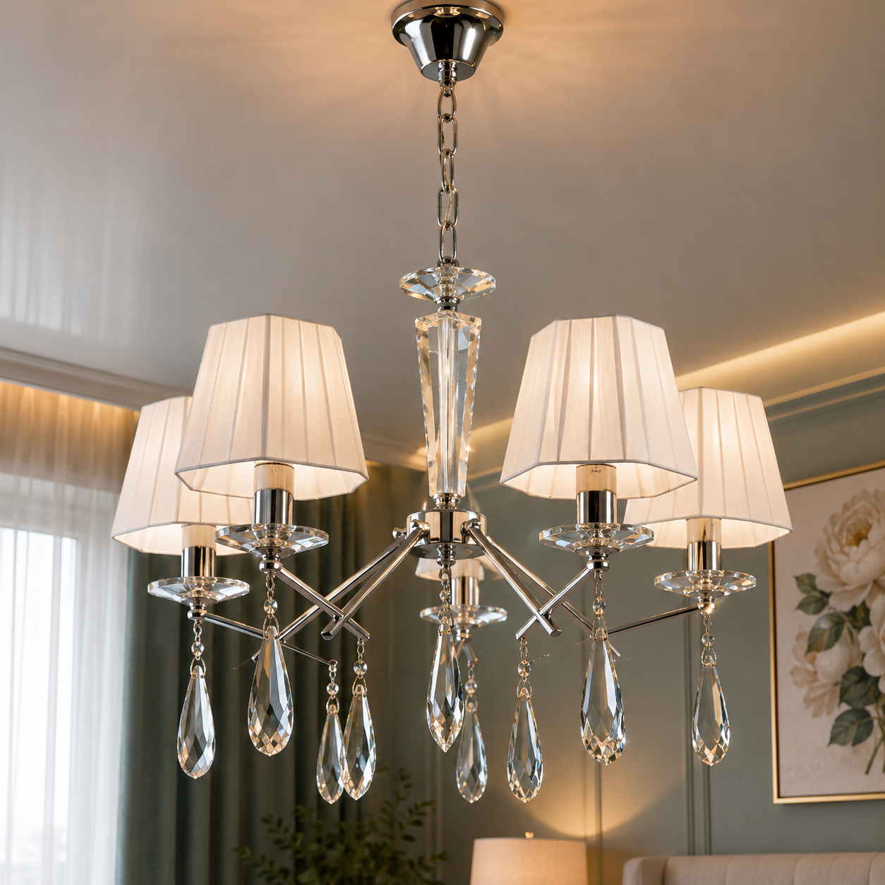 Елегантна підвісна люстра Splendid Ray L89302/5 SL з білими абажурами та кришталевим декором
