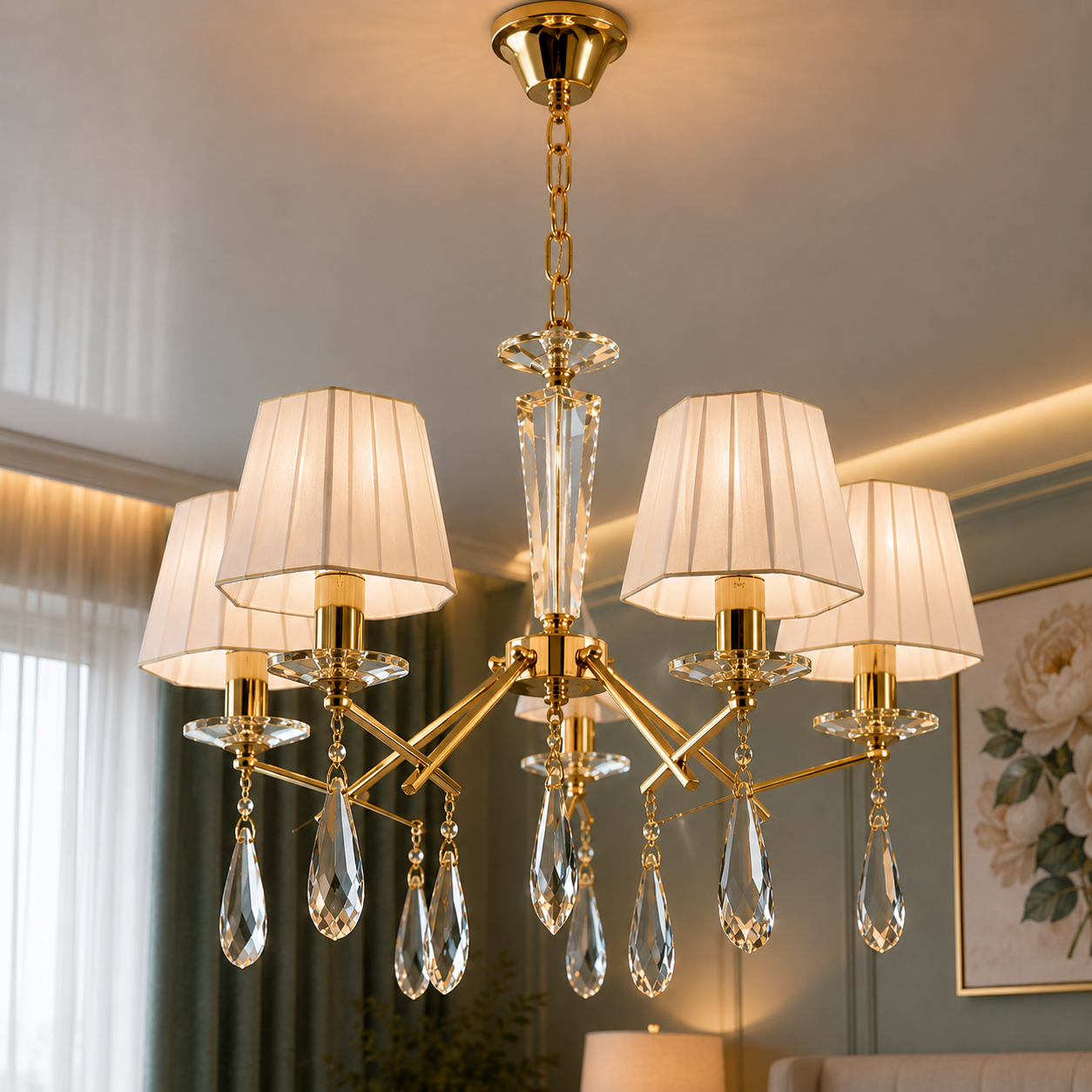 Розкішна підвісна люстра Splendid Ray L89302/5 SGD з текстильними абажурами та кришталевими підвісками