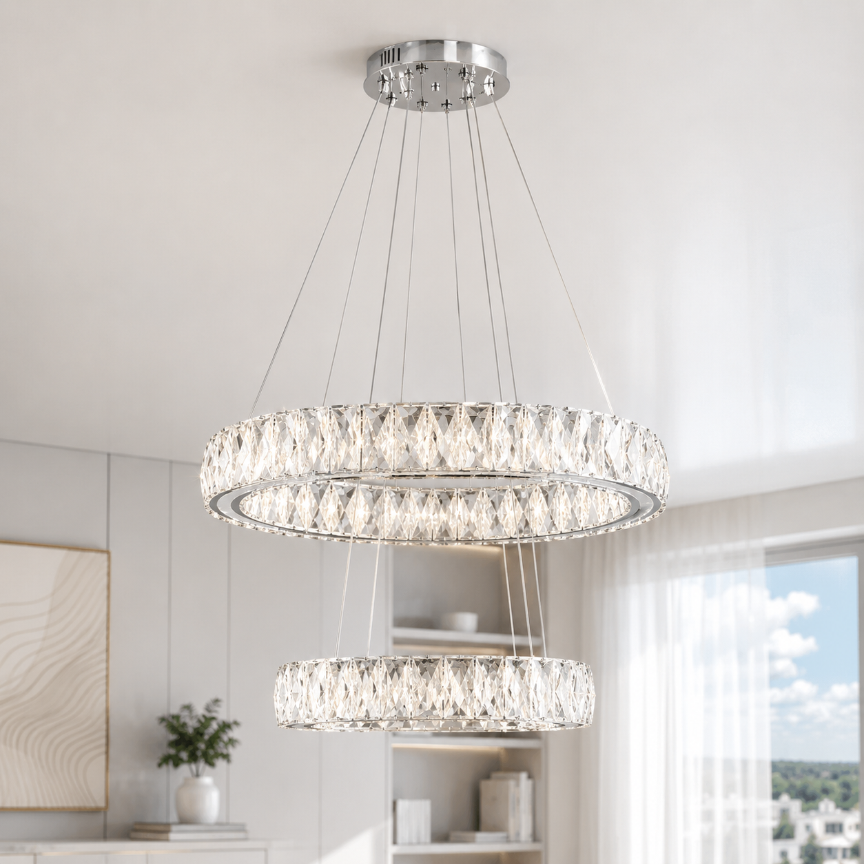Підвісна світлодіодна люстра Splendid Ray L8015/400+600/2 LED (CH+clear) для вітальні, спальні та зали, 2 кільця, хром, 40-60 см Підвісна світлодіодна люстра Splendid Ray L8015/400+600/2 LED (CH+clear) для вітальні, спальні та зали, 2 кільця, хром, 40-60 см