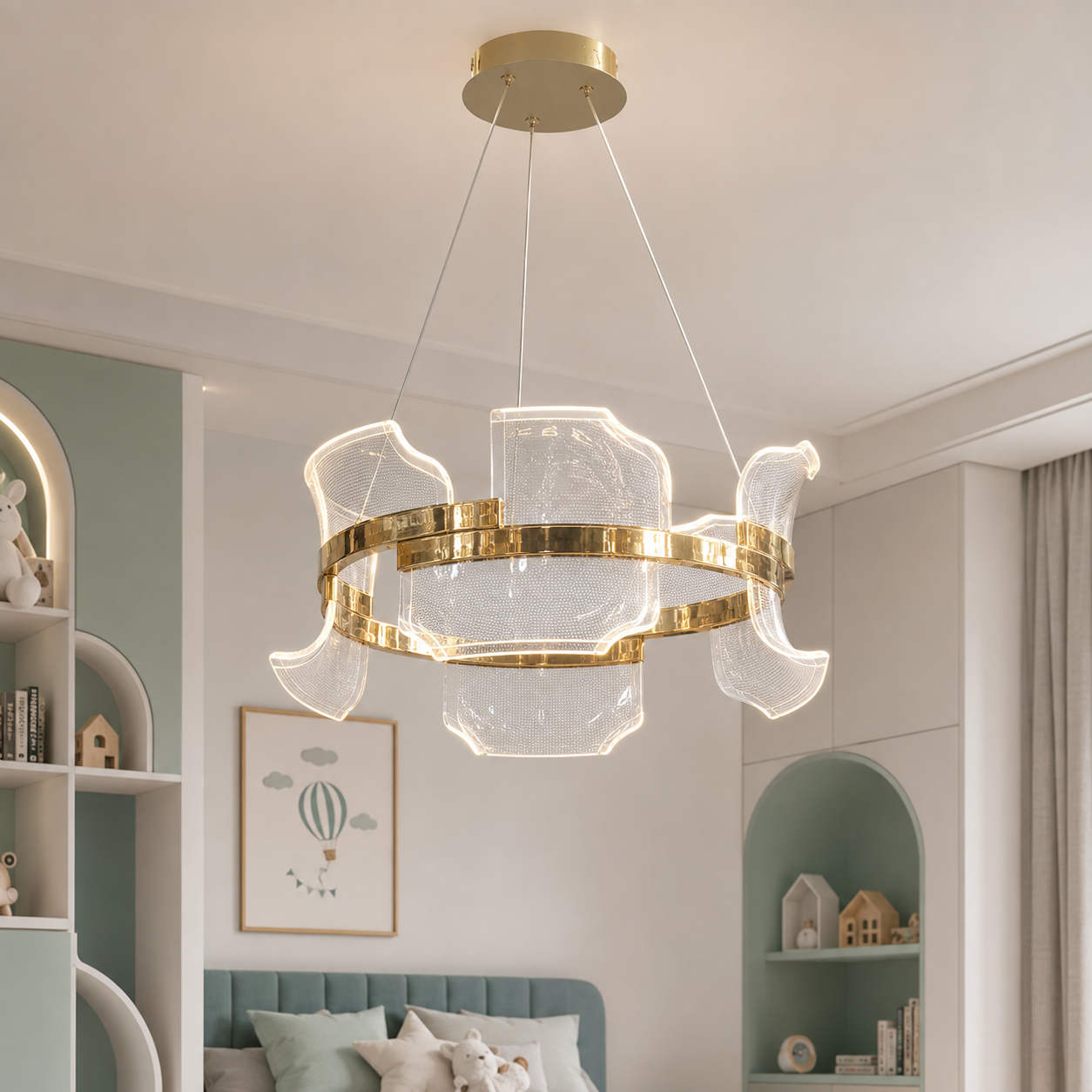 Підвісна світлодіодна люстра Artlight 512162/400GD золота з фігурним прозорим акриловим розсіювачем та трьома режимами світла