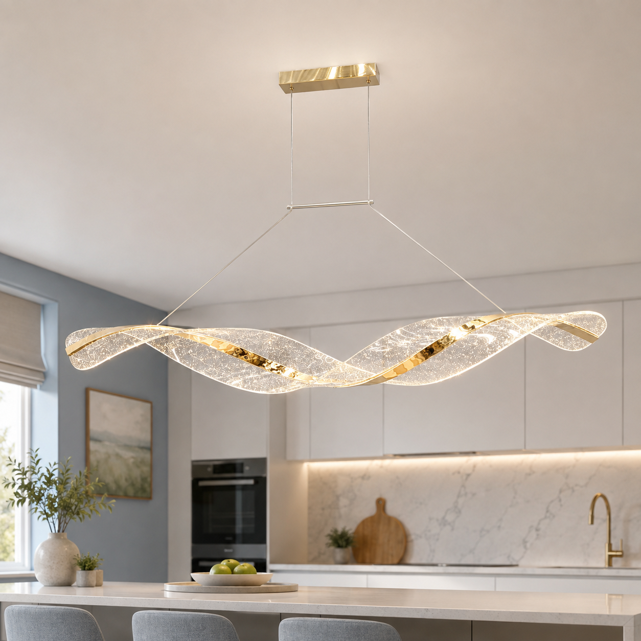 Підвісна лінійна LED-люстра Artlight 5341-1200L-GD золота подвійна хвиля з прозорим акрилом та блискітками Підвісна лінійна LED-люстра Artlight 5341-1200L-GD золота подвійна хвиля з прозорим акрилом та блискітками