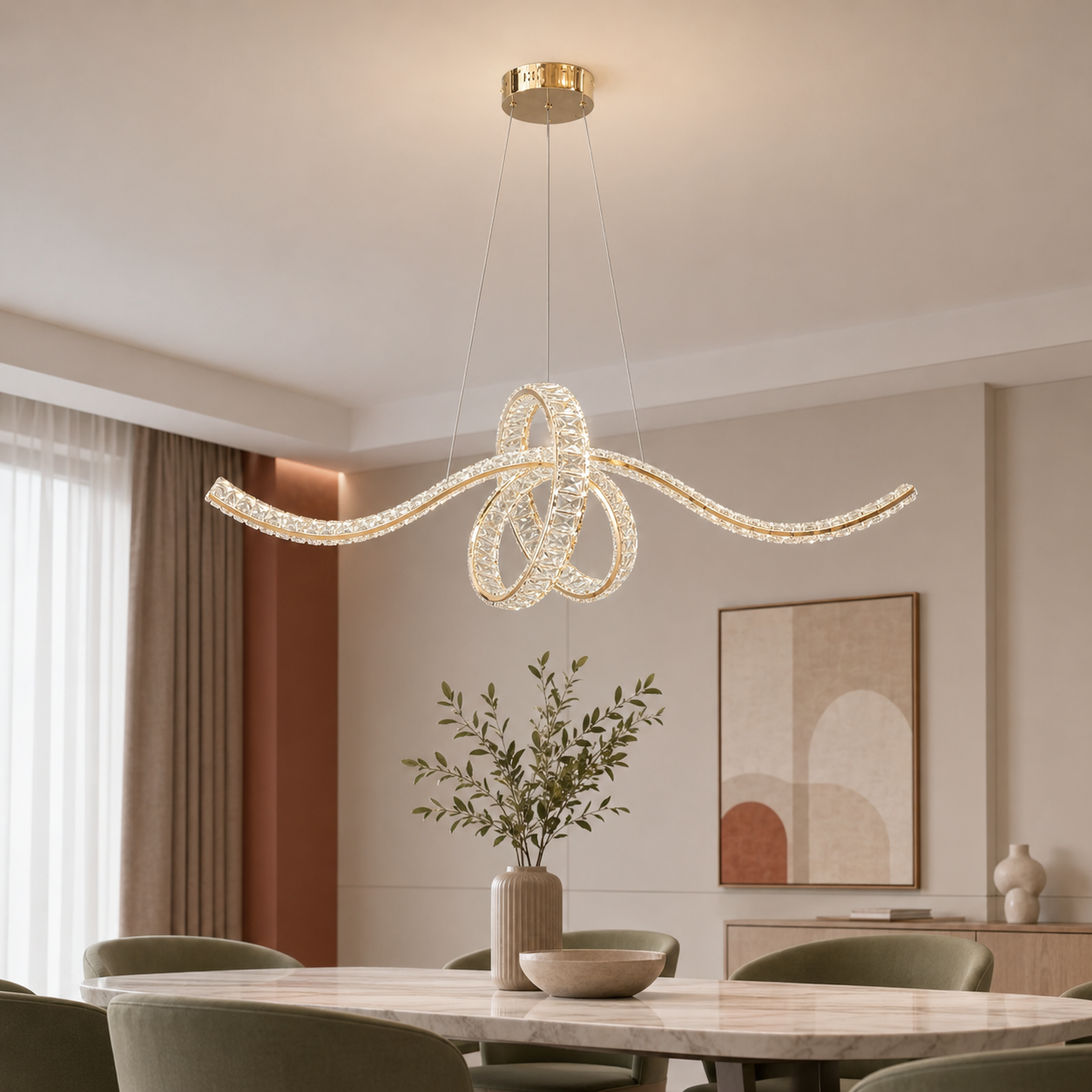 Сучасна золота підвісна світлодіодна люстра Artlight 568-1000GD з кришталевими хвилями та центральним декоративним вузлом.
