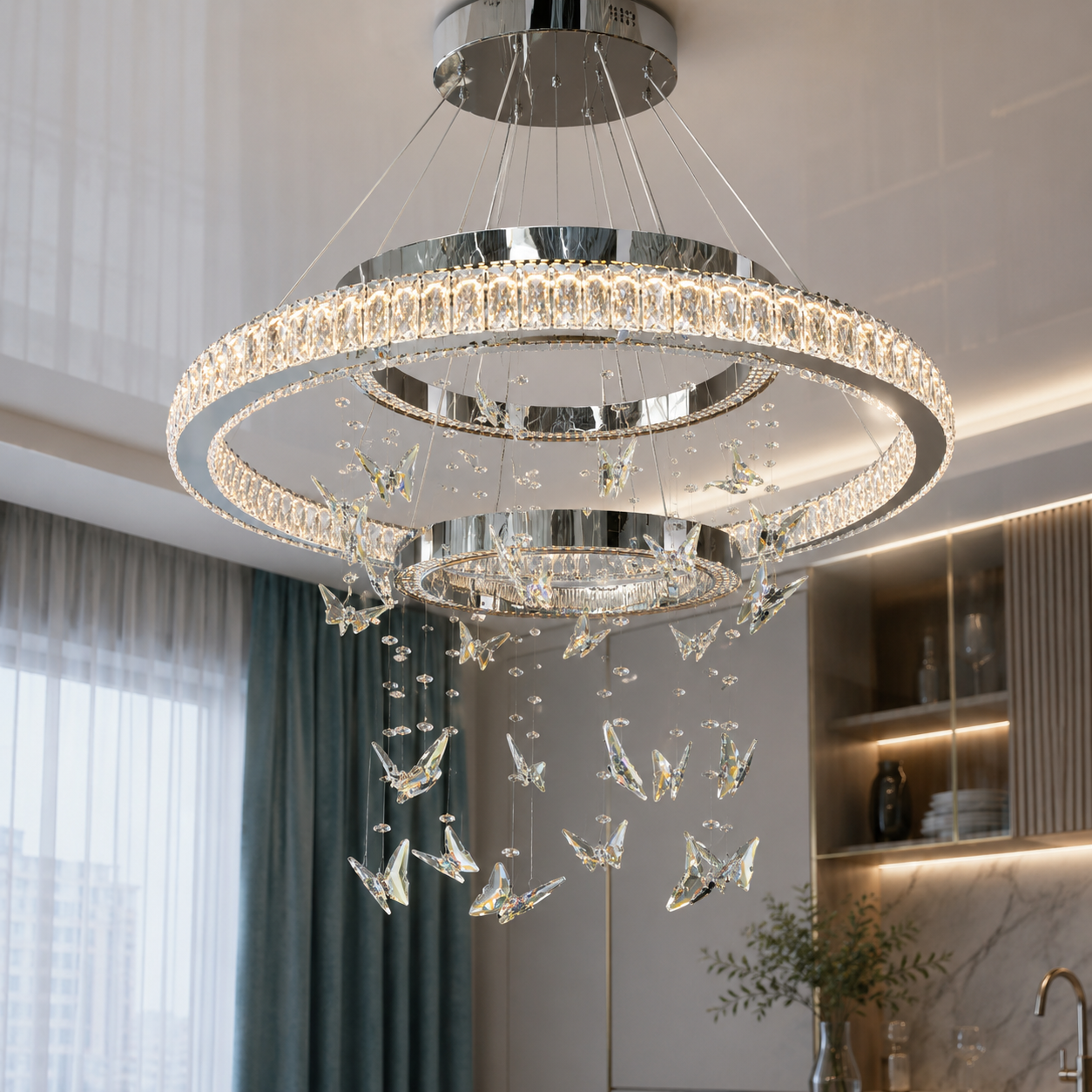 LED-люстра Diasha 598/800+500+400HR хром з метеликами 176 Вт пульт