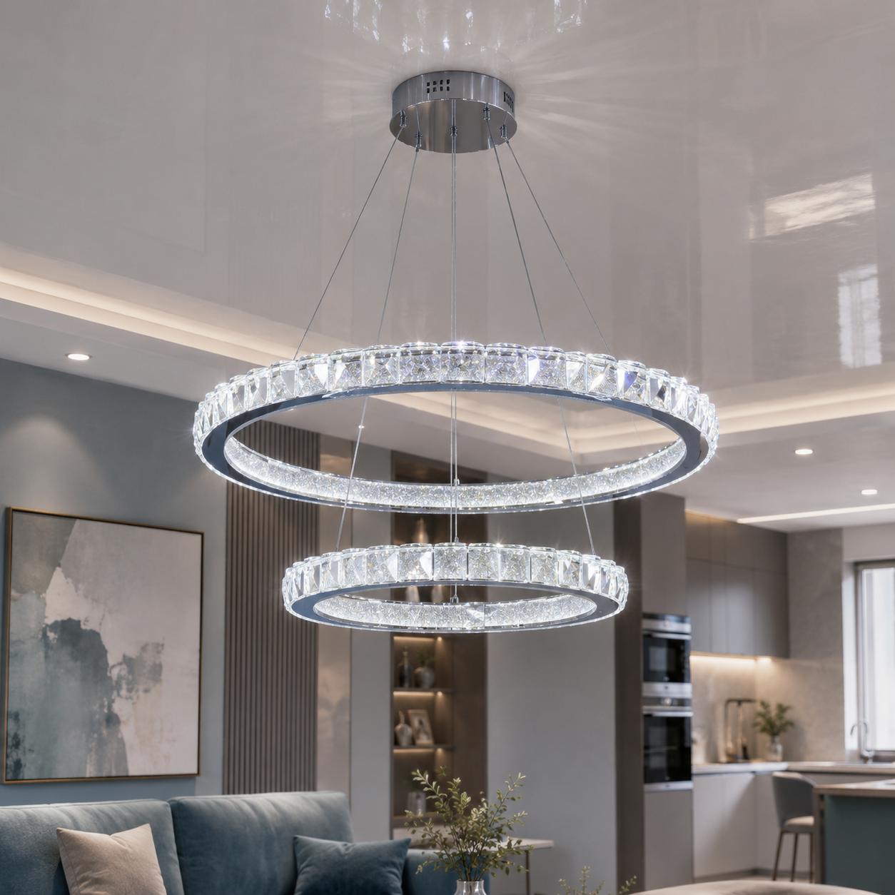 Підвісна LED люстра Diasha 66081/600+400CH, хром, 82 W, освітлення 10-22 м2 Підвісна LED люстра Diasha 66081/600+400CH, хром, 82 W, освітлення 10-22 м2