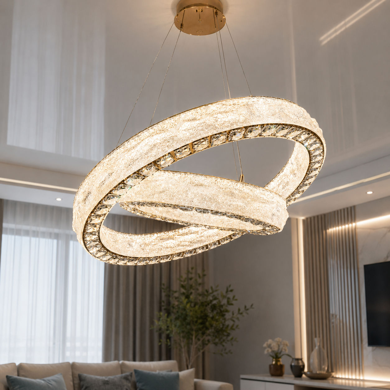 Підвісна LED люстра Diasha 662/600+400GD з кришталем, золото, 105 W, з пультом, освітлення 10-22 м2 Підвісна LED люстра Diasha 662/600+400GD з кришталем, золото, 105 W, з пультом, освітлення 10-22 м2