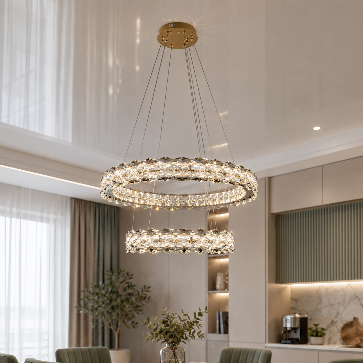 Підвісна LED люстра Diasha 7895/600+400S-gold з кришталем, золото, 54 W, з пультом, освітлення 10-18 м2 Підвісна LED люстра Diasha 7895/600+400S-gold з кришталем, золото, 54 W, з пультом, освітлення 10-18 м2