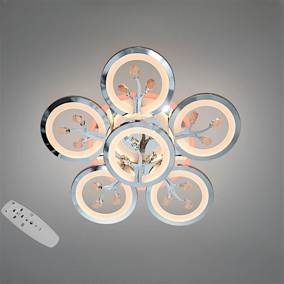 Стельовий LED-світильник «Квіткове сяйво» Diasha 8135/5+1HR — 95 Вт, диммер, пульт, 6 світлових кілець Стельовий LED-світильник «Квіткове сяйво» Diasha 8135/5+1HR — 95 Вт, диммер, пульт, 6 світлових кілець