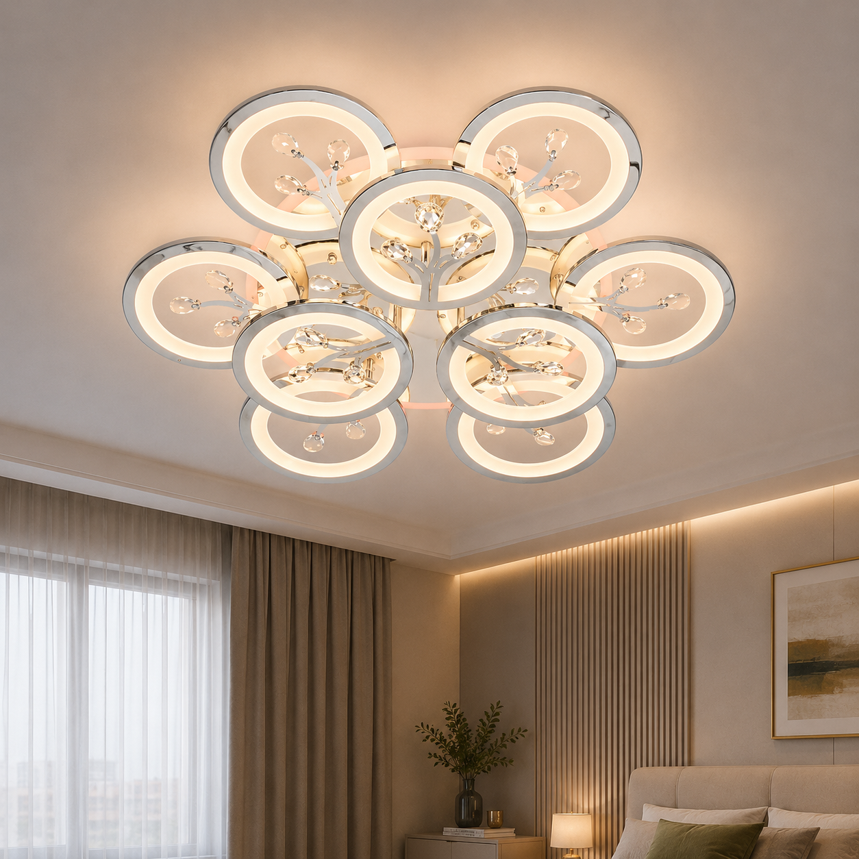 Сучасна LED люстра Dasha 8135/6+3HR LED 3color хром для вітальні з димером і пультом 64 см