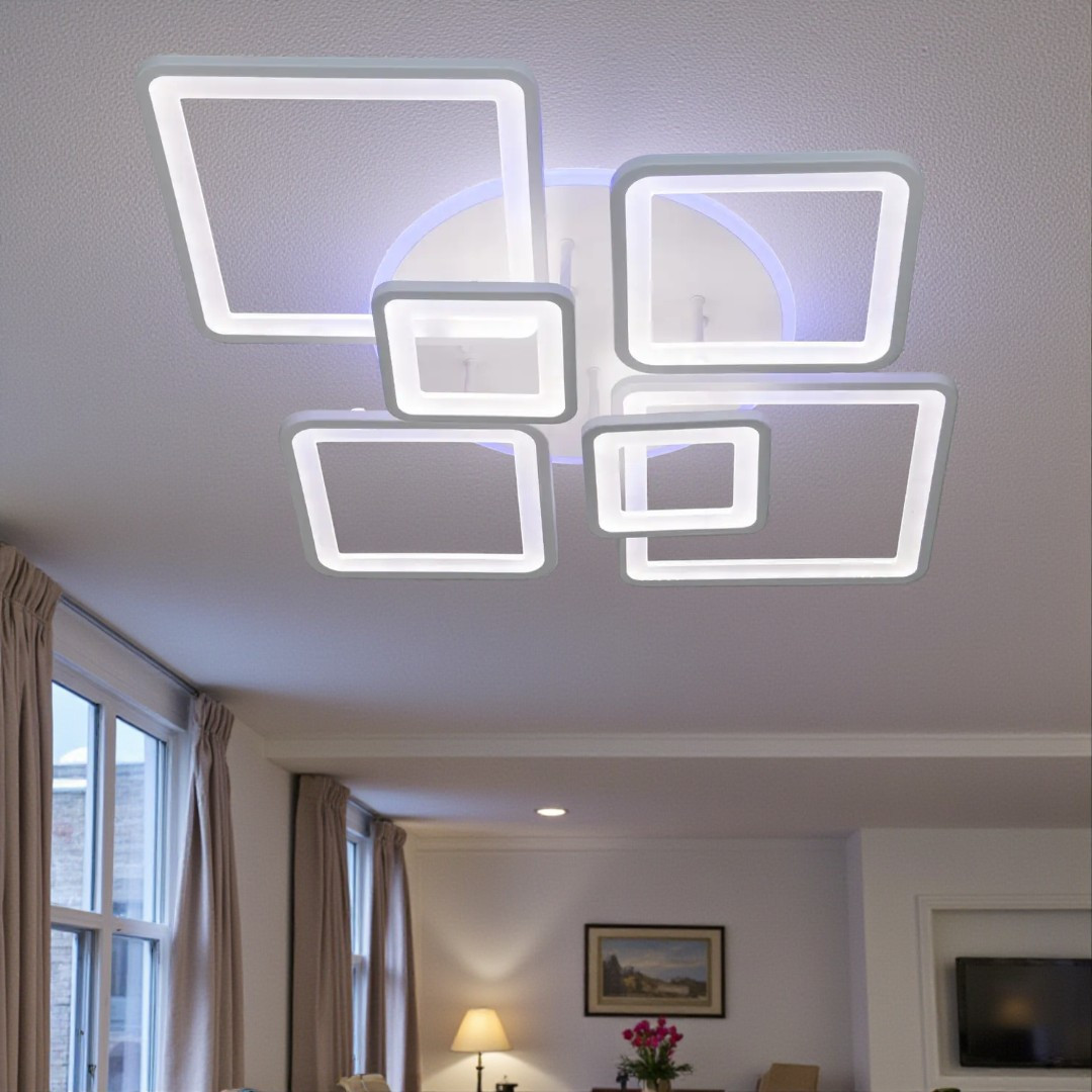 Стельова LED-люстра Diasha 8160/6WH 3color з пультом і димером, біла, 150 W, 6325 lm, сучасні квадратні LED-плафони 97×71 Стельова LED-люстра Diasha 8160/6WH 3color з пультом і димером, біла, 150 W, 6325 lm, сучасні квадратні LED-плафони 97×71