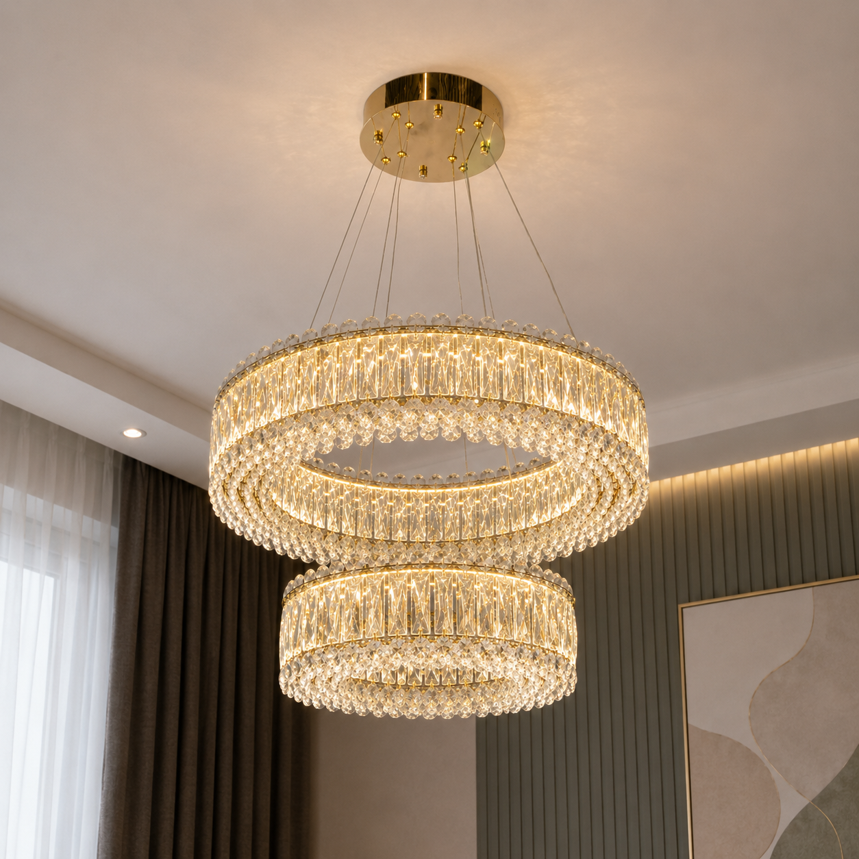 Кришталева підвісна LED люстра Diasha 8693-600+400GD з кришталевими кільцями в золоті