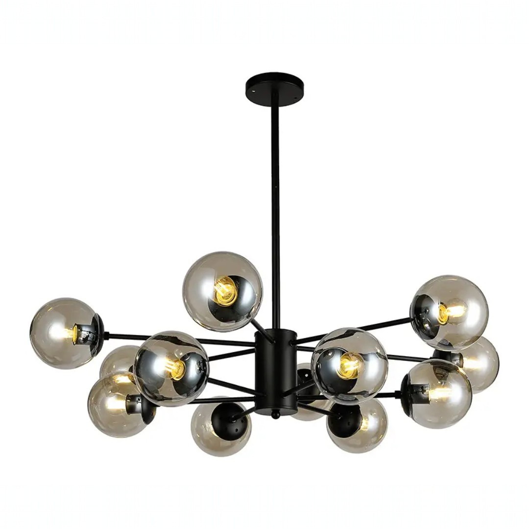 Дизайнерська стельова люстра Levistella 7526033-12 BK+BR — чорна з коричневими скляними плафонами, 12×E27, Ø 95 см