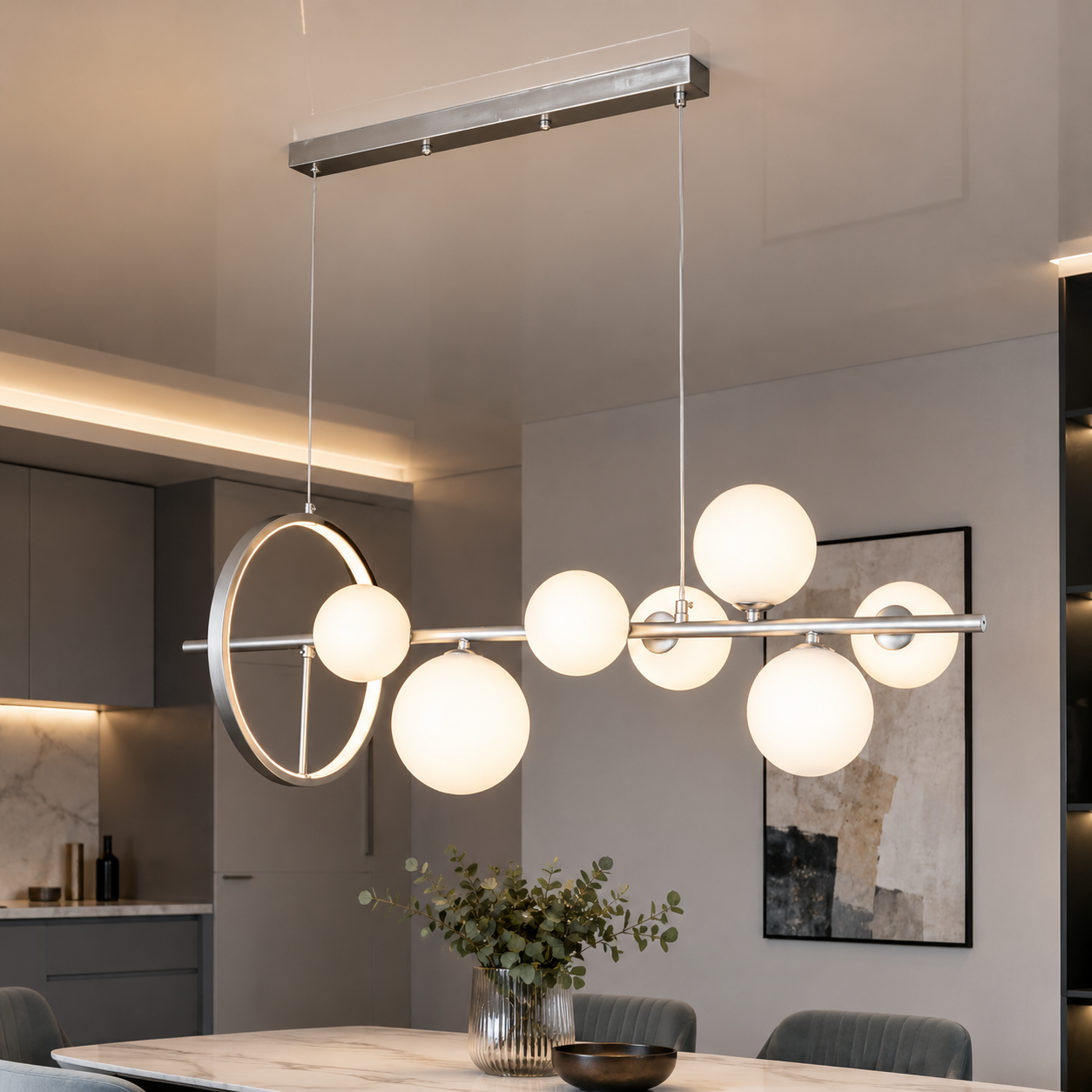 Підвісна люстра Levistella 918LP267-7 SL+WH срібло, 7 ламп G9 з LED-підсвіткою Підвісна люстра Levistella 918LP267-7 SL+WH срібло, 7 ламп G9 з LED-підсвіткою