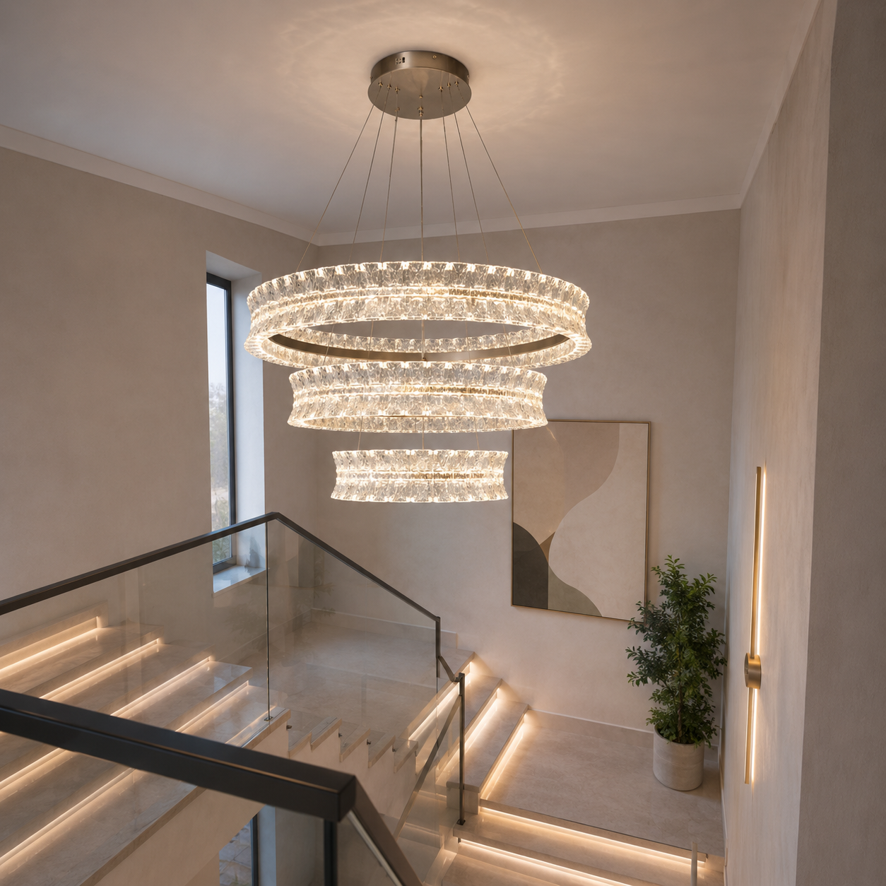 Підвісна LED-люстра Diasha MD3529/800+600+400CG для вітальні, зали та сходів, 122 W, пульт, 78 см, 15-25m2 Підвісна LED-люстра Diasha MD3529/800+600+400CG для вітальні, зали та сходів, 122 W, пульт, 78 см, 15-25m2