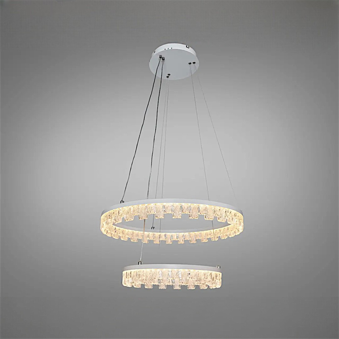 Стильна підвісна LED-люстра для залу Diasha MD78201/600+400WH, біла, 2 кільця, 82 W, акриловий декор