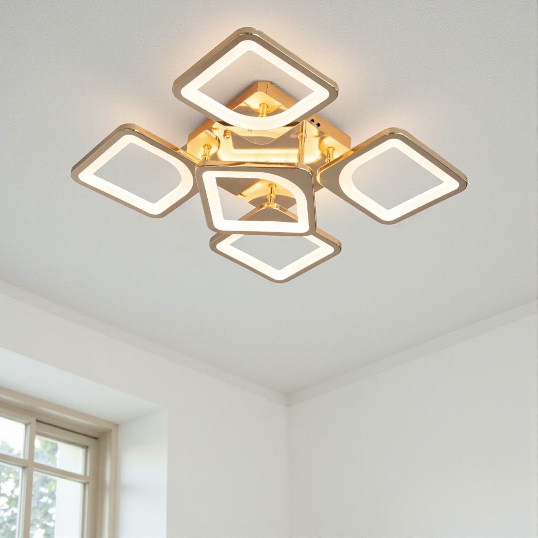 Стельова LED-люстра Diasha S8060/4+1G з пультом, золота, 72W, 3960 lm, квадратні акрилові плафони 42×42 см