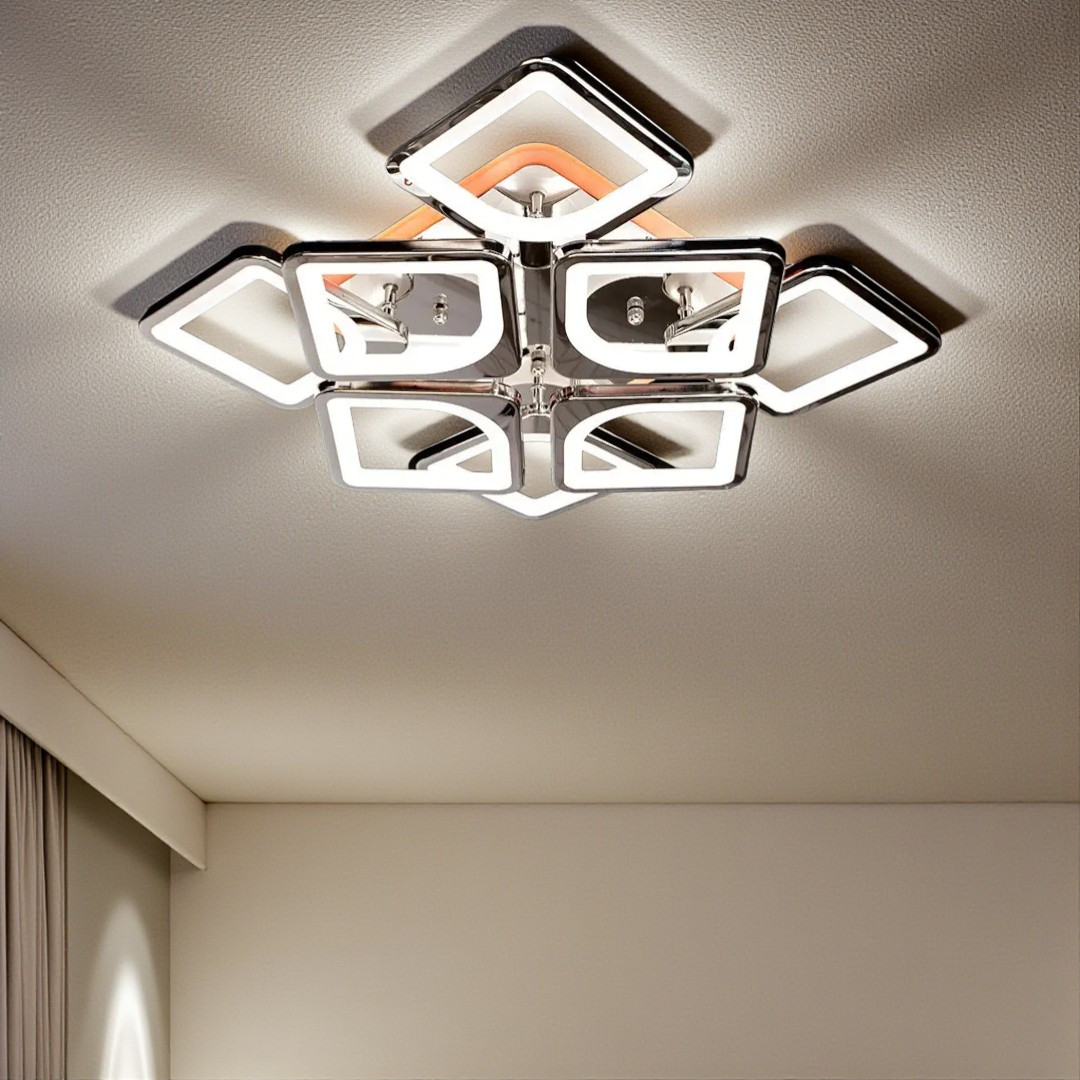 Стельова LED-люстра Diasha S8060/4+4HR 3color з пультом і димером, хром, 130W, 7150 lm, квадратні акрилові плафони 49×49 см Стельова LED-люстра Diasha S8060/4+4HR 3color з пультом і димером, хром, 130W, 7150 lm, квадратні акрилові плафони 49×49 см