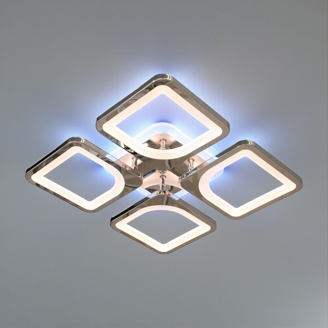 Стельова LED-люстра Diasha S8060/4HR 3color з пультом і димером, хром, 80W, 4400 lm, квадратні акрилові плафони 37,7×37,7 см Стельова LED-люстра Diasha S8060/4HR 3color з пультом і димером, хром, 80W, 4400 lm, квадратні акрилові плафони 37,7×37,7 см