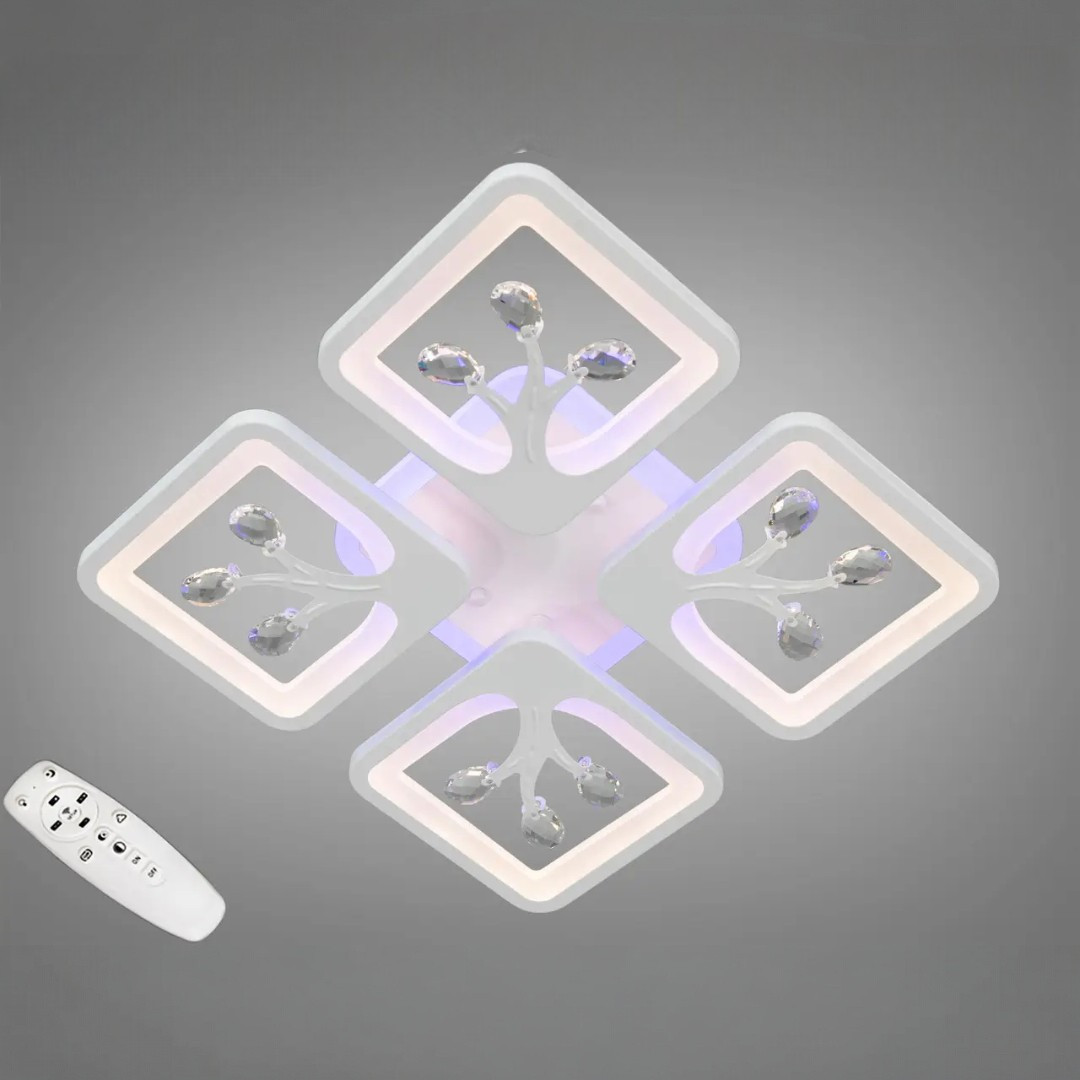 Стельова LED-люстра Diasha S8157/4WH 3color з пультом і димером, біла, 85W, 4675 lm, квадратні акрилові плафони 37×37 см Стельова LED-люстра Diasha S8157/4WH 3color з пультом і димером, біла, 85W, 4675 lm, квадратні акрилові плафони 37×37 см